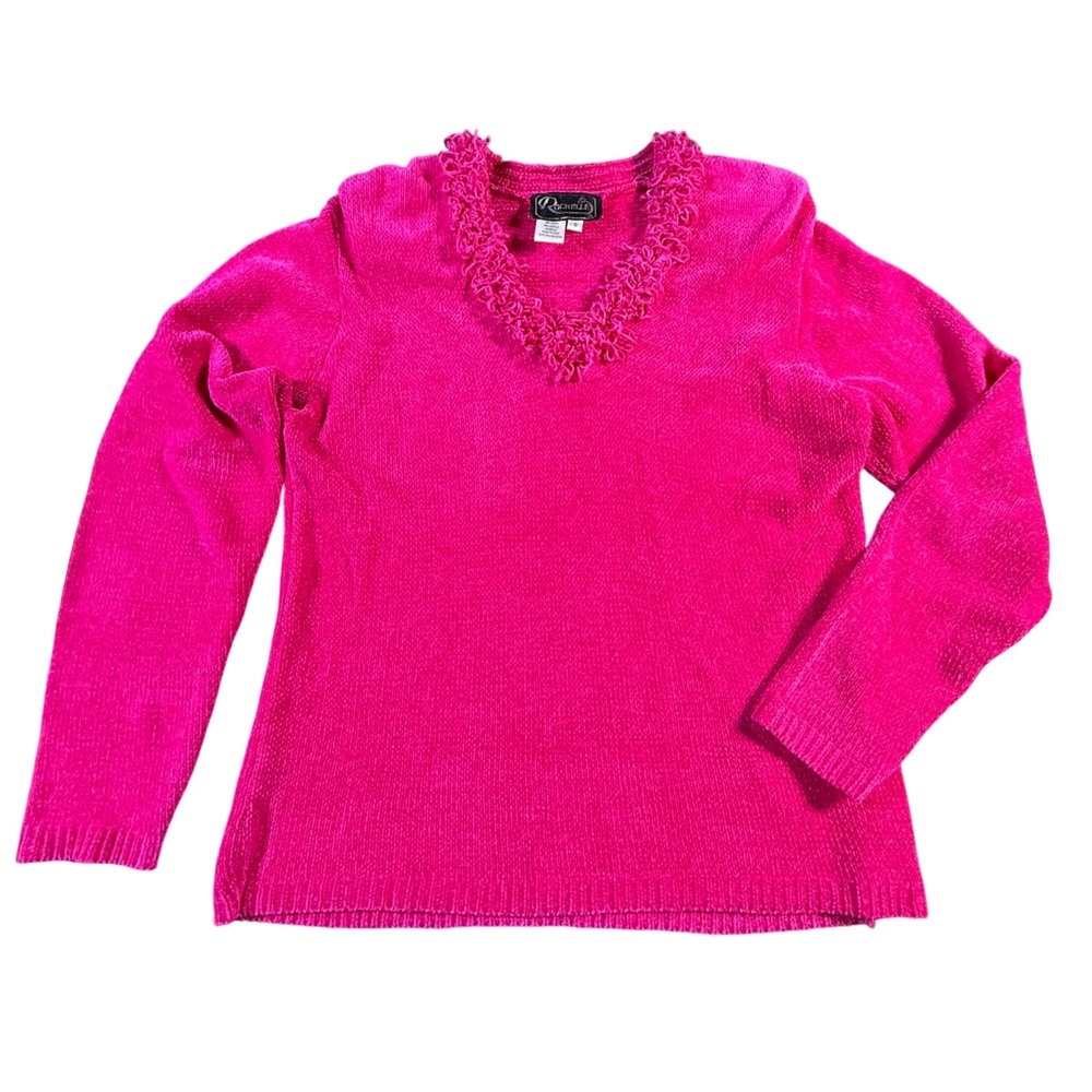 Vintage‎ Rochelle Chenille Sweater V-Neck Textured Knit Hot Pink Pullover Size S